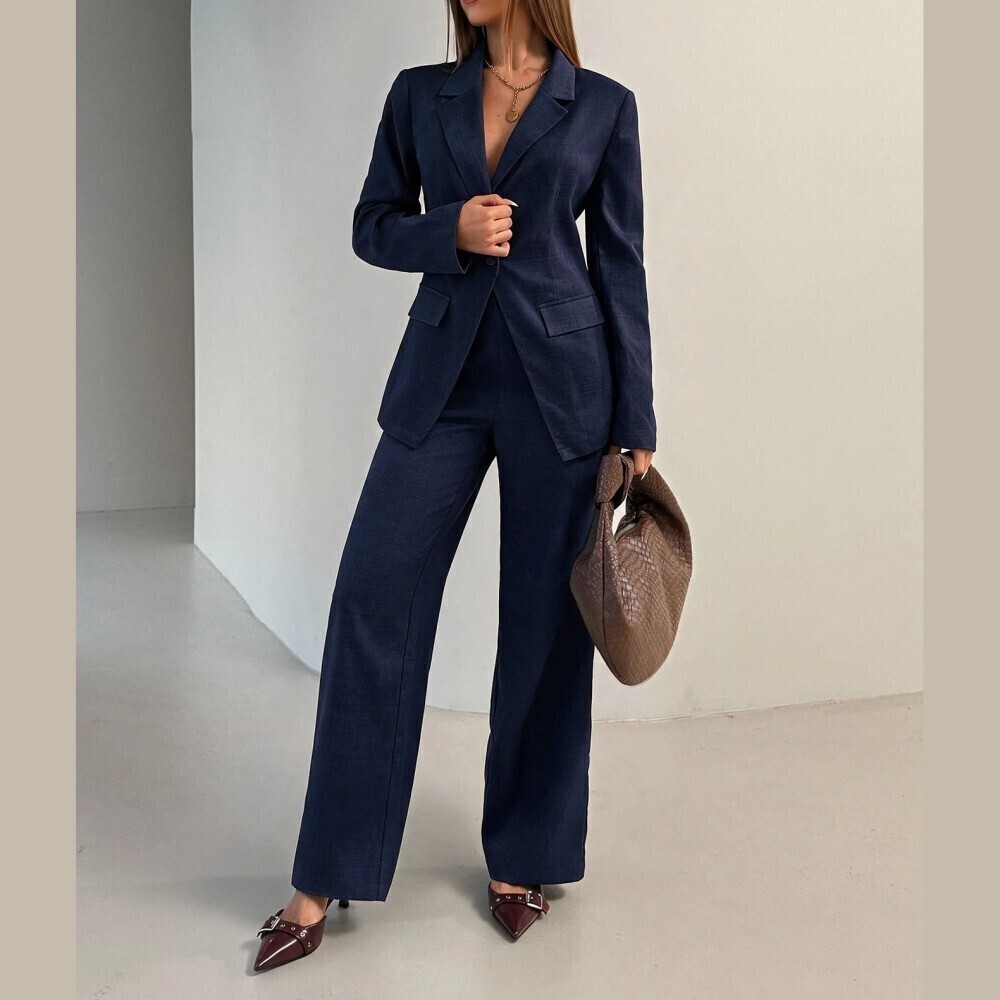 Navy Blue Woven Lapel Blazer and Wide Leg Pants Two Piece Set